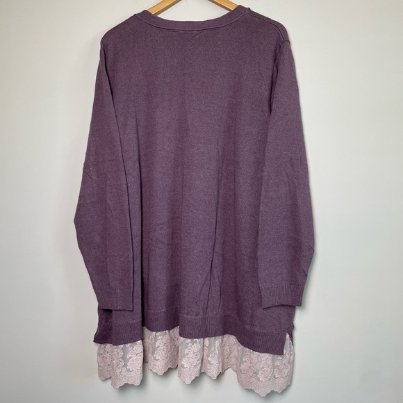 LOGO Lori Goldstein Button Front Lace Trim Hi-Low Knit Cardigan Sweater - Picture 3 of 6